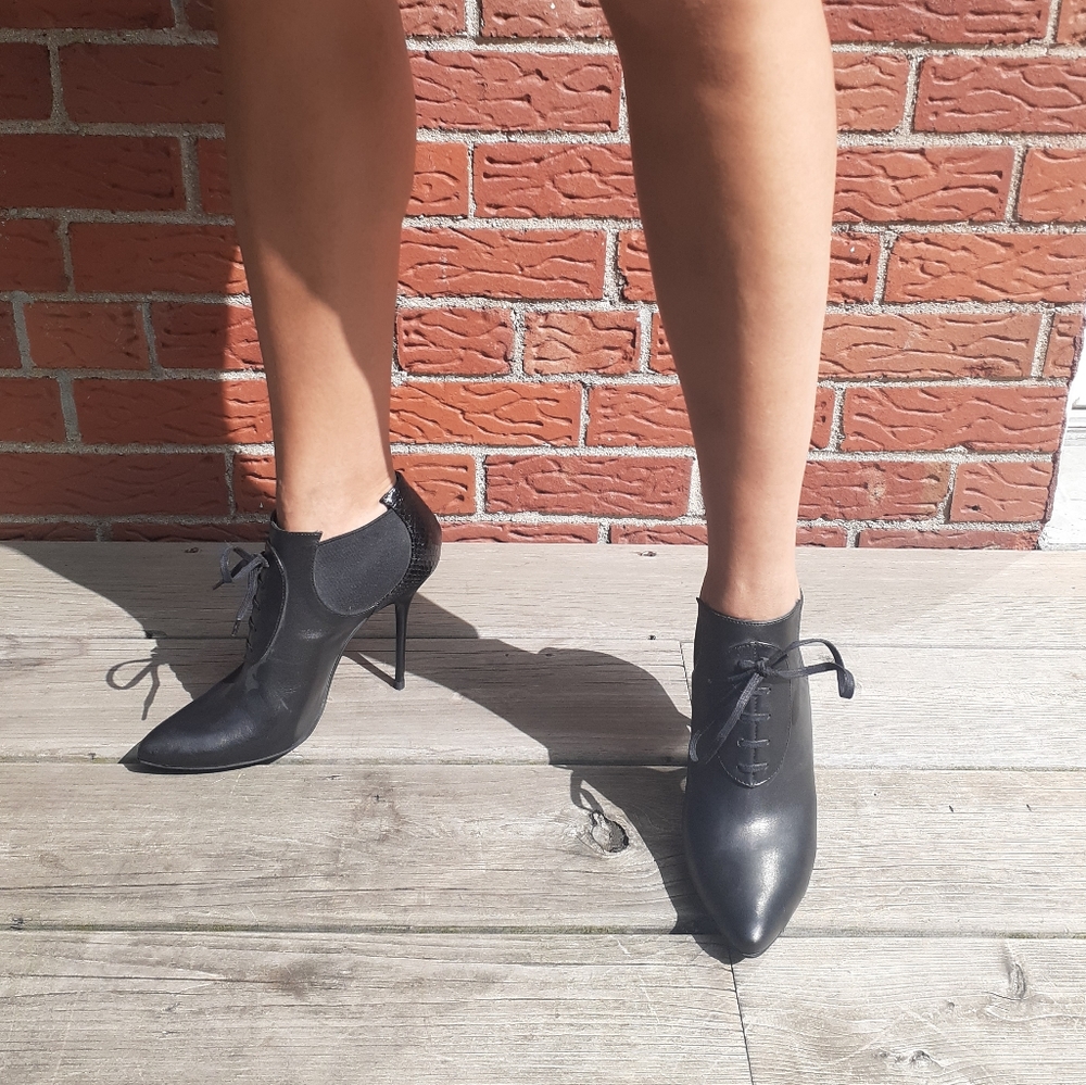 Black laced leather ankle booties